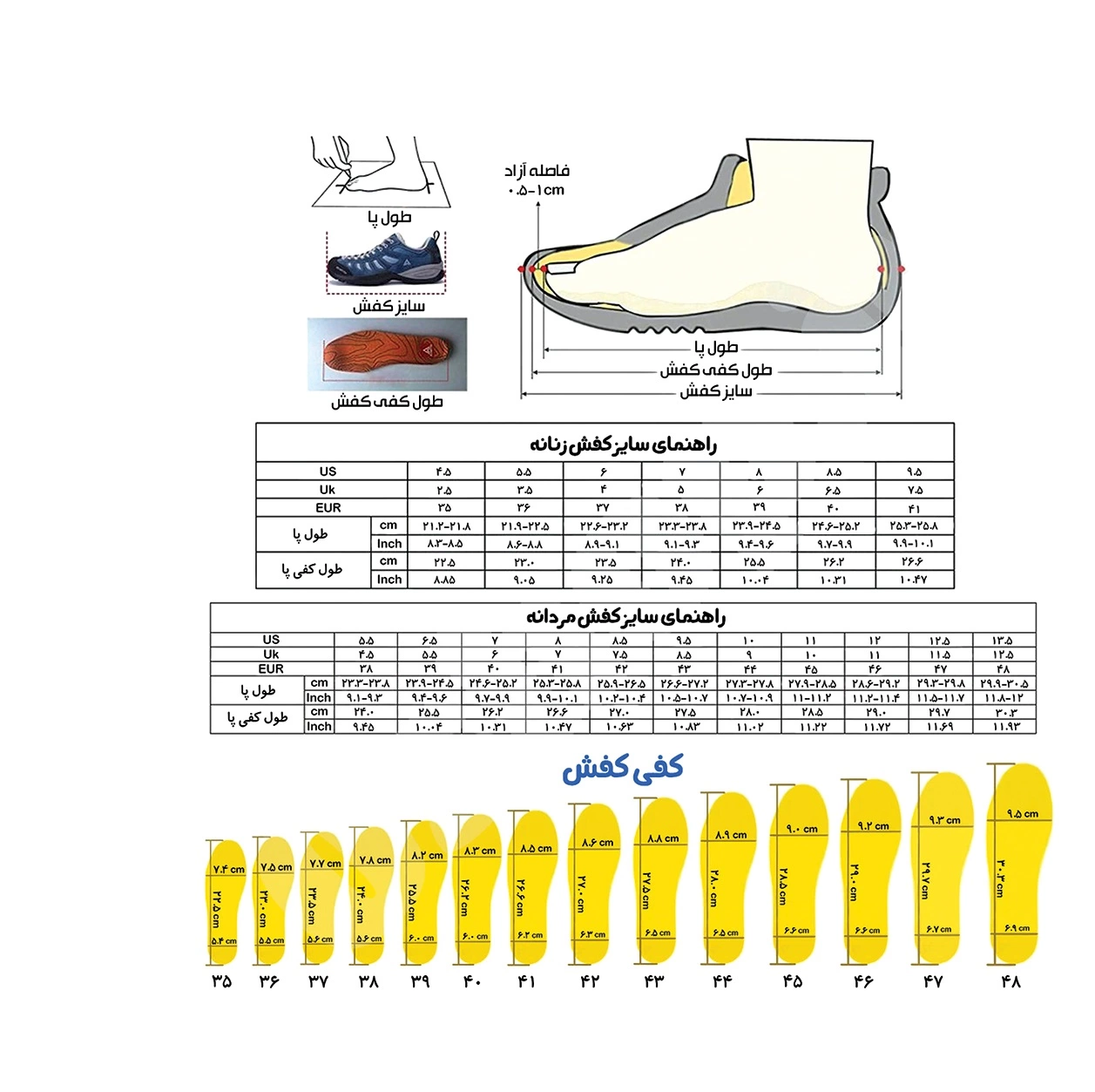 جدول اندازه کفش های هومتو